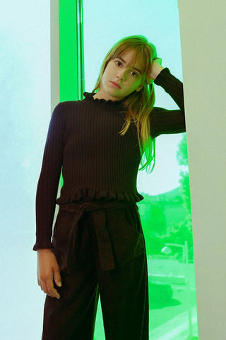Molly Bracken Black Ribbed Ruffled Knit Sweater