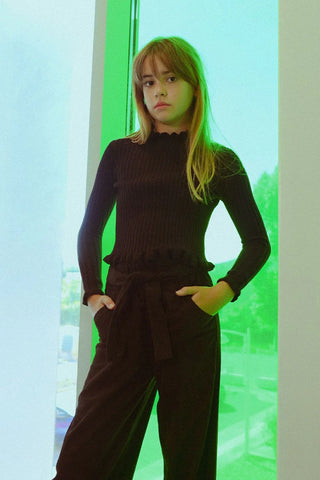 Molly Bracken Black Ribbed Ruffled Knit Sweater