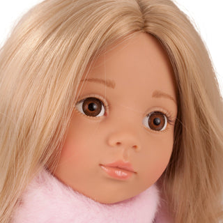 Close-up of Götz Happy Kidz Emily doll with blonde hair and brown eyes