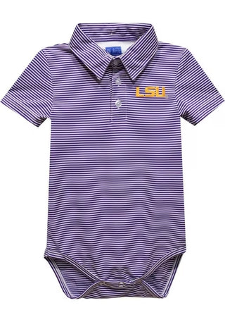 Vive La Fete Striped Purple Embroidered LSU Tigers Polo Onesie