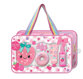 Pink children's beauty set with strawberry and donut designs in a carrying case.