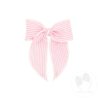 Wee Ones Pink Seersucker Fabric Bow with Twisted Wrap and Whimsy Tails