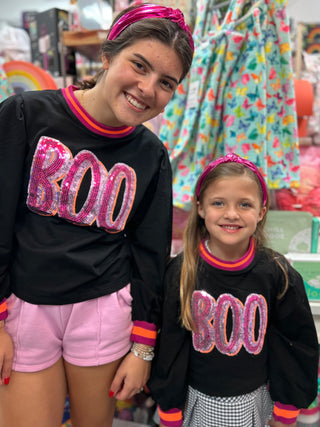 Black Sequin BOO Halloween Sweatshirt with Puffy Sleeves