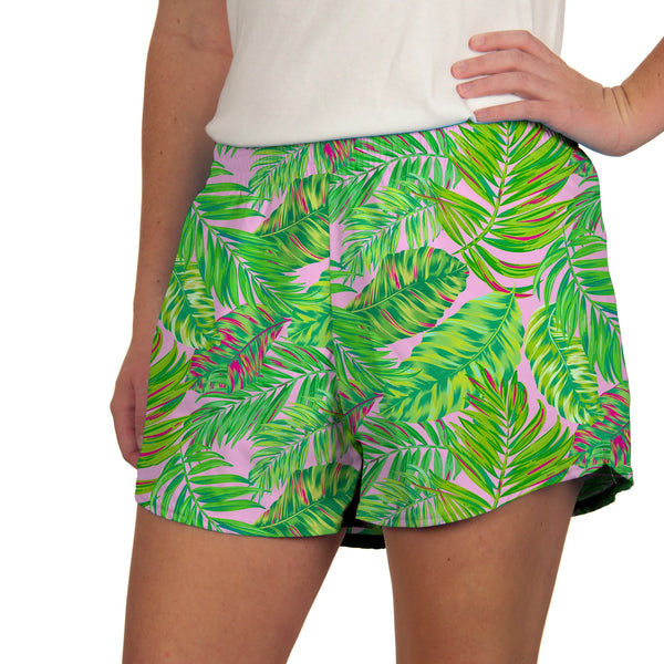 Azarhia Athleisure Green Palm Leaves on Pink Print Steph Shorts