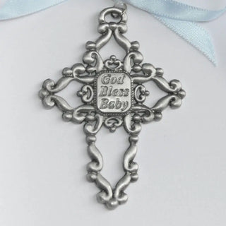God Bless Baby Cradle Medal w Blue Ribbon
