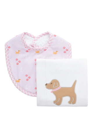 Boxed Applique Bib and Burp Cloth Set - Pink Lab Puppy