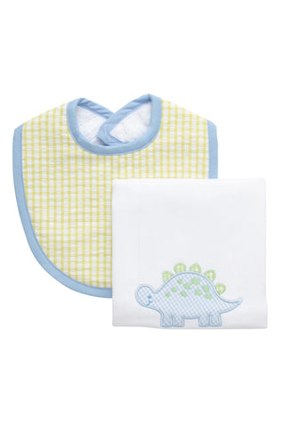 Boxed Applique Bib and Burp Cloth Set - Dino (Blue)