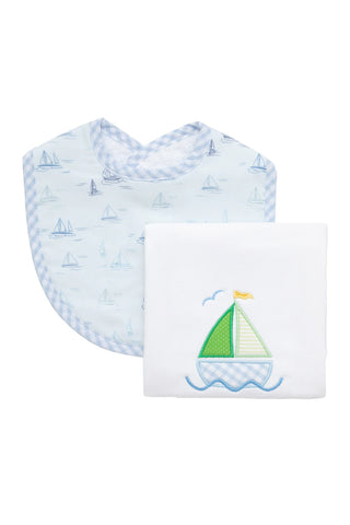Boxed Applique Bib and Burp Cloth Set - Sailboat (Blue)