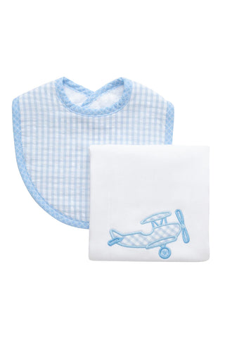 Boxed Applique Bib and Burp Cloth Set - Blue Plane