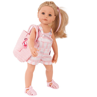 Hannah doll in summer outfit with straw purse