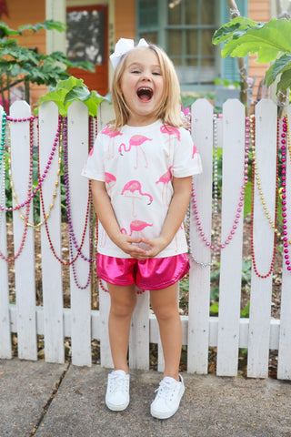Belle Cher Pink Flamingo Mardi Gras Sequin T-Shirt