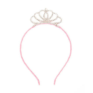 A pink fabric headband with a silver tiara embellished with clear rhinestones, shown against a plain white background.