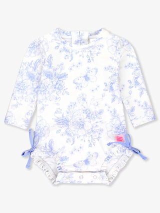 Rufflebutts Butterfly Garden Toile L/S Rashguard One Piece Swimsuit