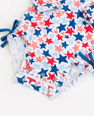 Rufflebutts Shimmer Star Spangled L/S Rashguard 1Pc Swimsuit