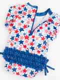 Rufflebutts Shimmer Star Spangled L/S Rashguard 1Pc Swimsuit