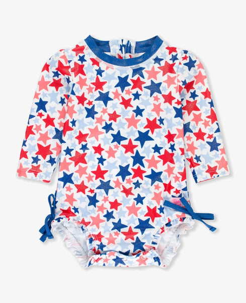 Rufflebutts Shimmer Star Spangled L/S Rashguard 1Pc Swimsuit