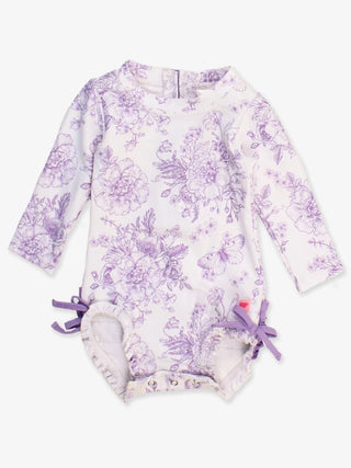 Rufflebutts 1Pc Wisteria Purple Butterfly Garden Toile L/S Swimsuit
