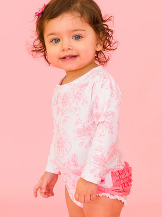 Rufflebutts 1Pc Bubblegum Pink Butterfly Garden Toile L/S Swimsuit