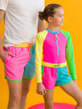 Neon Color Block L/S Zipper 1Pc Rashguard Swimsuit