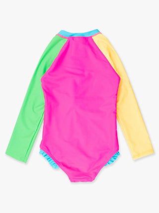 Neon Color Block L/S Zipper 1Pc Rashguard Swimsuit