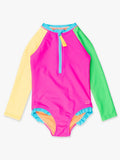 Neon Color Block L/S Zipper 1Pc Rashguard Swimsuit