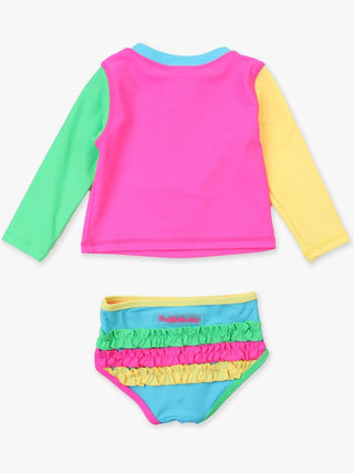 Neon Color Block L/S Zipper 2Pc Rashguard Swimsuit