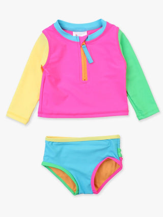 Neon Color Block L/S Zipper 2Pc Rashguard Swimsuit