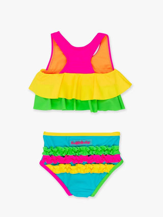 Neon Color Block Flounce 2Pc Bikini Swimsuit
