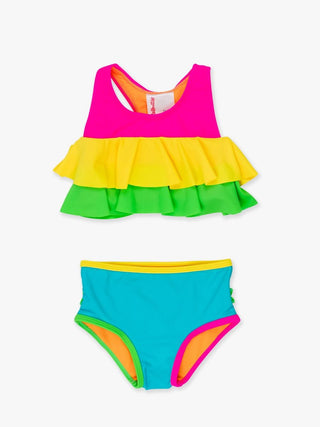 Neon Color Block Flounce 2Pc Bikini Swimsuit