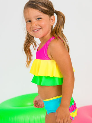 Neon Color Block Flounce 2Pc Bikini Swimsuit