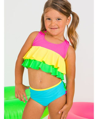Neon Color Block Flounce 2Pc Bikini Swimsuit