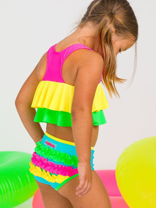 Neon Color Block Flounce 2Pc Bikini Swimsuit