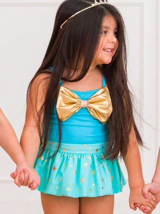 Teal Golden Princess Big Bow Skirted 1Pc Swimsuit