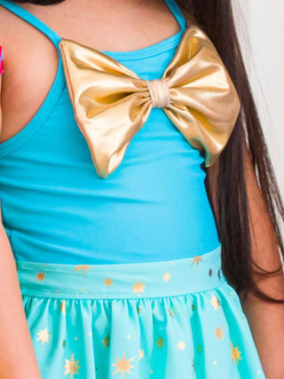 Teal Golden Princess Big Bow Skirted 1Pc Swimsuit