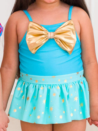 Teal Golden Princess Big Bow Skirted 1Pc Swimsuit