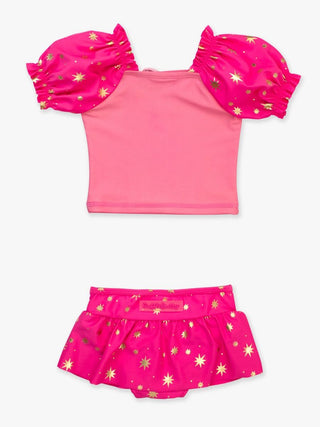 Royal Pink Princess Puff Sleeve 2Pc Skirted Swimsuit
