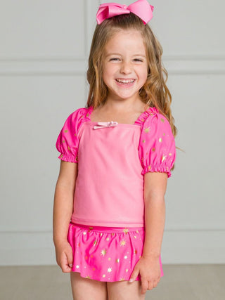 Royal Pink Princess Puff Sleeve 2Pc Skirted Swimsuit