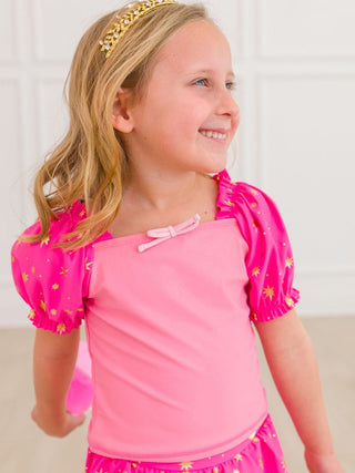 Royal Pink Princess Puff Sleeve 2Pc Skirted Swimsuit