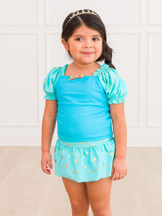 Teal Golden Princess Puff Sleeve 2Pc Skirted Swimsuit
