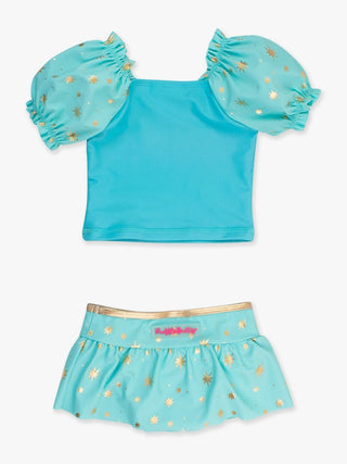 Teal Golden Princess Puff Sleeve 2Pc Skirted Swimsuit