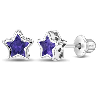 SS Classic CZ Birthstone Solitaire Stars Screw Back Earrings