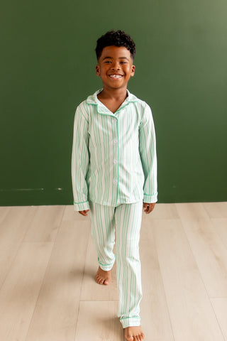 Sugar Bee green stripe button down pajamas, additional view
