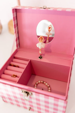 Sugar Bee pink gingham musical jewelry box, additional view