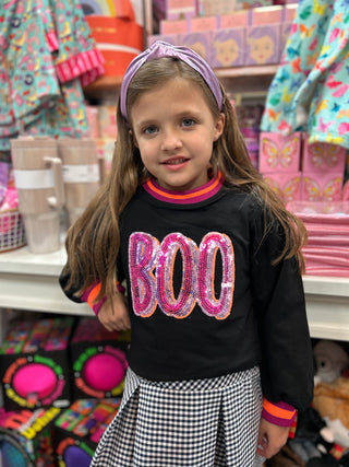 Black Sequin BOO Halloween Sweatshirt with Puffy Sleeves