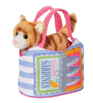 Plush toy cat in a colorful bag with 'Sardine' label on a white background