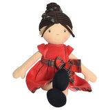 Brown Haired Plush Christmas Doll with Red/Plaid Dress