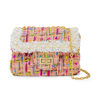 Zomi Gems pink classic tweed kids handbag with pearl accents