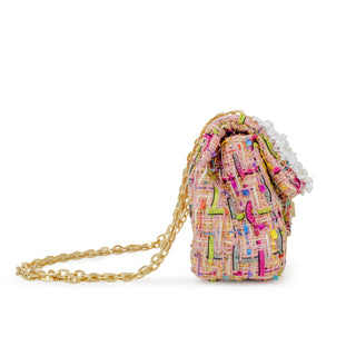 Pink tweed pearl handbag for girls side view