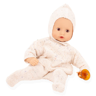 Götz Muffin soft baby doll in cozy beige knit sweater, pants and hat