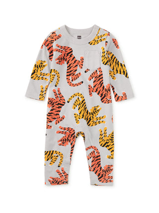 Tea Collection Long Sleeve Pocket Baby Romper- Lightning Tiger